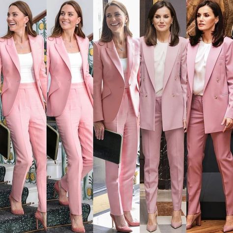 Dreamslink Joydaily on Instagram: "#fashion Catherine The Princess of Wales and Queen Letizia of Spain 🇪🇸 Looked Elegant in Pink Pantsuit. Catherine the Duchess of Cambridge in Alexander McQueen Ice Pink PantSuit with Emmy London Rebecca Makeup Suede Pumps. Queen Letizia Hugo Boss Jericoa Stretch Wool Double Breasted Blazer in Petal Pink and Hugo Boss Tiluna1 Stretch Wool Twill Cropped Trousers in Petal Pink with her Carolina Herrera White Cap Sleeve Silk Blouse and Hugo Boss Mayfair Pumps in Pink Pantsuit, Pink Pants Outfit, Office Fits, Hot Pant, Vogue Spain, Letizia Of Spain, Pant Suits, White Caps, Pink Coat