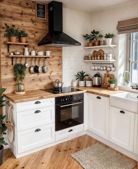 Tiny Kitchen Design, Small Kitchen Decor, House Design Kitchen, Cozy Kitchen, Kitchen Room Design, Kitchen Inspiration Design, Farmhouse Kitchen Decor, Wooden Shelves, Rustic Kitchen