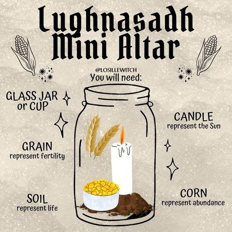 Losille’s Coven | Lucia Quinto on Instagram: "Lughnasadh Mini Altar 🌽🌾🌻🔥✨ The first of the three Harvest Sabbats. Give thanks for the first corn and grain of the season. It’s an incredibly joyful, festive time to celebrate the first harvest. This is a great time for coming together, to celebrate life and abundance! If you have limited space to build a seasonal altar, you are on a budget or you live with others who are not aware of or do not support your spiritual practice, there is still a g Harvest Moon Ritual, Lughnasadh Altar, Content Graphic Design, Ritual Spells, Wicca Holidays, Fill The Jar, Mini Altar, Moon Ritual, Wiccan Magic