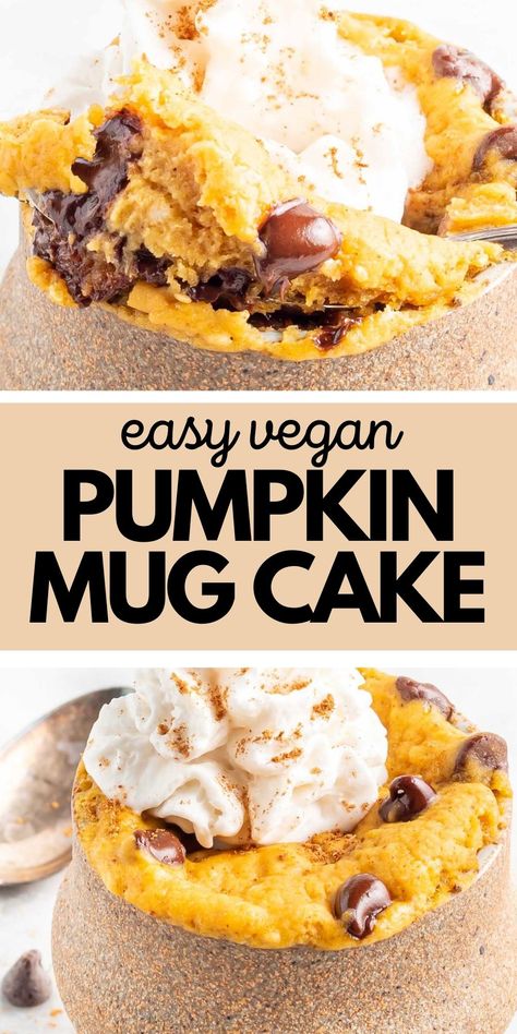 Try this gluten-free and vegan pumpkin mug cake for a delicious dessert that's easy to make in 5-minutes. Mug Cake Vegan, Pumpkin Mug Cake, Chocolate Pumpkin Pie, Vegan Mug Cakes, Pumpkin Pie Cake, Savory Pumpkin Recipes, Ambitious Kitchen, Dairy Free Chocolate Chips, Single Serve Desserts