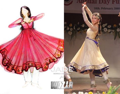 Nothing adds more beauty and grace to a dance performance than a well fitted flared Anarkali dress! Kathak Costume Anarkali, Semi Classical Dance Dress, Kathak Anarkali Dress, Kathak Dress Design, Kathak Anarkali, Kathak Dress, Kathak Costume, Long Kurta Designs, Simple Anarkali