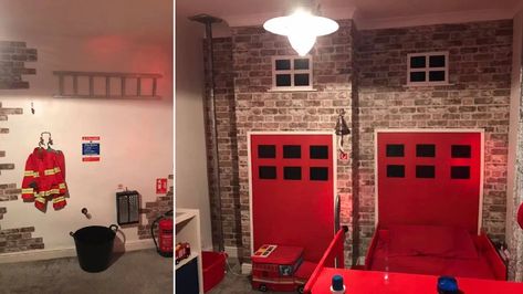 Mum creates amazing fire station bedroom for four-year-old son with a budget of under £100 Fireman Bedroom, Fireman Room, Firefighter Bedroom, Fire Truck Bedroom, Fire Truck Room, Firefighter Room, Batman Bedroom, Truck Room, Brick Effect Wallpaper