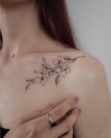 Apple Blossom Tattoo, Tattoo On Collarbone, Apple Blossom Tattoos, Jasmine Tattoo, Apple Tattoo, Simple Flower Tattoo, Collarbone Tattoo, Cute Simple Tattoos, Bone Tattoo