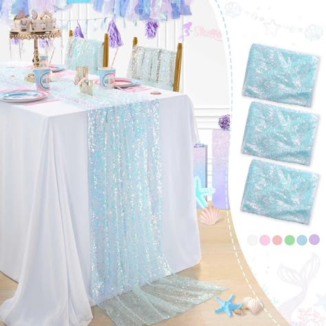 PRICES MAY VARY. Polyester Blue Table Runner Size: 3 pieces of 25 Inches width 120 Inches length(10FT long) sequin table runner. It is fits for 6-10 seats table,sparkle table runners that can meet your themed dining table decoration needs. Glitter Table Runner:The iridescent table runner is made of 5MM round sequins material with mesh fabric backing. Reliable and soft, not easy to fade, the sturdy construction makes the table runner of good durability, reusable. Wide Applications:Scales table ru Frozen Party Table Setup, Frozen 2 Themed Birthday Party, Frozen Table Decor, Frozen Party Table Decor, Frozen Birthday Table Decorations, Frozen 6th Birthday Party, Elsa Themed Birthday Party Decoration, Anna Frozen Birthday Party, Elsa Birthday Party Decorations