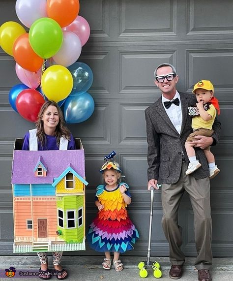 Erin: I am wearing the house with balloons, my husband Ryan is dressed as Carl, my daughter Olivia is dressed as Kevin the bird and my son Rhett is dressed as... Up Bird Costume Kevin, Up House Costume, Grape Soda Pin, House Costume, Blue Tutu, Homemade Costume, Bird Costume, Costume Works, Halloween Costume Contest