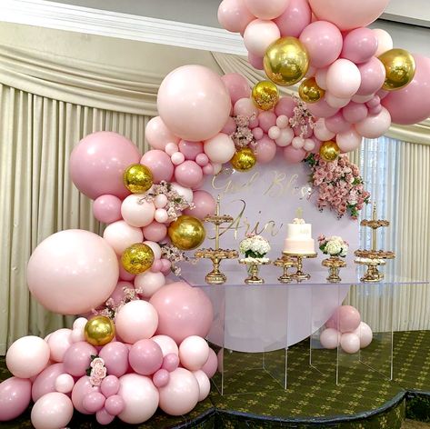 Baptism Party Ideas  A perfect setup for this little girls Christening 💖 @balloonsbydina  #balloonarches #balloongarland #babyshower #christening #babygirl #party #partydecor #partydecorations #balloonstyling #decorideias #babyshowerideas #birthday #birthdaygirl #giveaway Gold And Pink Birthday Decorations, Pink And Gold Balloon Arch, Home Birthday Decorations, Birthday Decorations Pink And Gold, Birthday Decoration Ideas At Home, Gold And Pink Balloons, Balloon Arch Wedding, Pink Balloon Garland, Birthday Decorations At Home