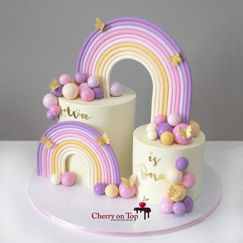 Two Tier Rainbow Birthday Cake, Rainbow Arch Cake, First Birthday Cake Girl, Rainbow Theme Cake, Trending Cakes, Pink Baby Shower Cake, Modern Birthday Cakes, Rainbow Layer Cakes, Twin Birthday Cakes