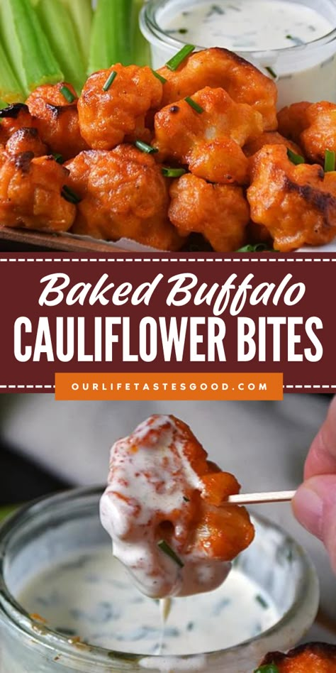 Launch your football party with Baked Buffalo Cauliflower Bites, the perfect easy game day recipe! These meatless bites are delicious with dairy free ranch dipping sauce. Serve this fun football party food idea and score big with your guests! Enjoy! Appetizer For Two, Hamburger Mushroom Casserole, Dairy Free Appetizer, Spicy Appetizer Recipes, Crispy Buffalo Cauliflower, Baked Buffalo Cauliflower Bites, Baked Cauliflower Bites, Cauliflower Nuggets, Buffalo Cauliflower Recipes