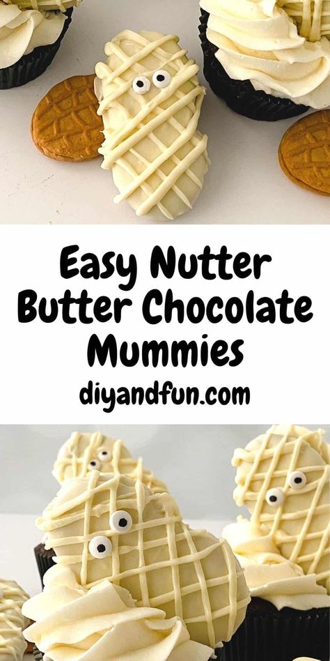 Easy Nutter Butter Chocolate Mummies, a simple diy recipe idea for decorating cookies with white chocolate to look like a mummy. Mummy Cookies, Cookies With White Chocolate, Mummy Recipes, Basic Cookies, Nutter Butter Cookies, Nutter Butter, Almond Bark, Yummy Food Ideas, Delicious Cookie Recipes