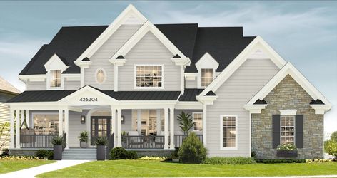 Gray Owl Exterior, Benjamin Moore Gray Huskie, House Idea Bloxburg, Gray Owl Paint, Best Sherwin Williams Paint, Outdoor Paint Colors, Benjamin Moore Grey Owl, House Design Board, Exterior Home Colors