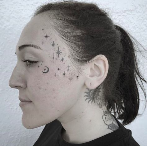 Small Face Tattoo, Star Face Tattoo, Tiny Cross Tattoo, Small Face Tattoos, Butterfly Neck Tattoo, Face Tats, Face Tattoos For Women, Rune Tattoo, Intricate Tattoo