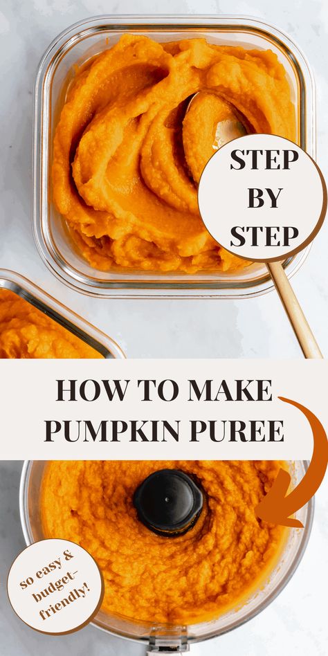 Learn how to make pumpkin puree (and how to cook a pumpkin) using only 1 ingredient! Here's a step-by-step tutorial perfect if you can't find a can of pumpkin puree, there's a limit or just want to learn how to make it at home! It's SO easy to do, freezer friendly and budget-friendly! Fresh Pumpkin Puree, Pumpkin Spice Cookie Recipe, Make Pumpkin Puree, Pumpkin Smoothie Recipe, Jessica In The Kitchen, Pumpkin Puree Recipes, Savory Pumpkin Recipes, Pumpkin Pudding, Fresh Pumpkin