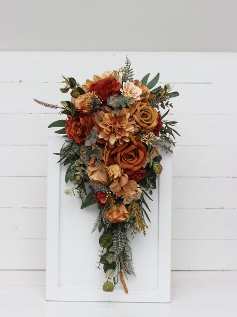 "The bouquet is created from artificial flowers and greenery of high quality. All dimensions are total length or width. Bridal bouquet length 20 \"(50 cm) Width of the bridesmaid bouquet - 10 \" ( 25cm)" Wedding Flowers Boho, Bouquet Fall Wedding, Rust Wedding, Fall Wedding Bouquet, Gold Bouquet, Cascading Bouquet, Cascading Wedding Bouquets, Burnt Orange Weddings, Boho Wedding Bouquet