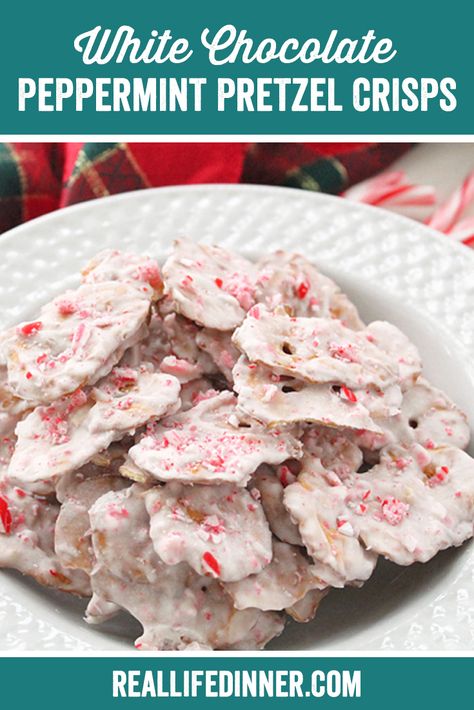 Salty and Sweet, these White Chocolate Peppermint Pretzel Crisp will make your mouth so happy. Such and easy four ingredient recipe. Makes a perfect Christmas gift for Teachers and neighbors. Also a great and easy idea to take to a Christmas Party! The Crushed Candy Canes make it look so pretty! 10 minute recipe ~ https://reallifedinner.com Peppermint Pretzels, Peppermint Pretzel, Pretzel Thins, Christmas Pretzels, White Chocolate Pretzels, Peppermint Crisp, White Chocolate Peppermint, Pretzel Crisps, Candy Recipes Homemade