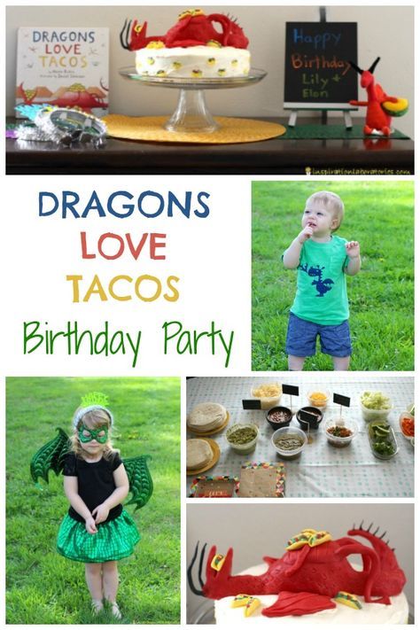 Dragons Love Tacos Birthday Party - a dragon cake, dragon costumes, games, and food ideas. Tacos Birthday, Dragons Love Tacos Party, Cake Dragon, Dragon Themed Birthday Party, Taco Birthday, Book Themed Party, Dragons Love Tacos, Ninja Turtles Birthday Party, Dragon Birthday Parties