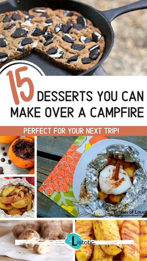 Sweet desserts you can make while camping or enjoying an outdoor bonfire. Easy ingredients to prepare ahead or whip up on the spot. Kids and adults will enjoy these simple campfire recipes. See all 15 sweet ideas to make for your next outdoor adventure. Save this Pin and find more ideas for a happy wholesome life on Listotic. Campfire Dessert, Camp Desserts, Campfire Desserts Easy, Foil Packet Desserts, Dutch Oven Desserts, Camping Dessert Recipes, Hot Desserts, Campfire Desserts, Camping Desserts