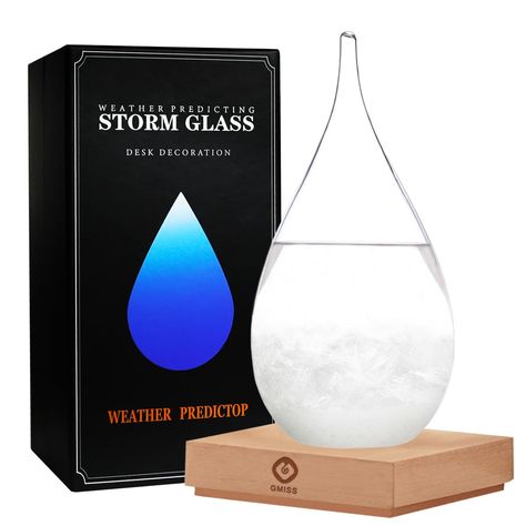 Storm Glass Weather Forecast, Storm Global Weather Station On Wooden Base, Creative Fashion Drop-Shaped Decoration for Home and Office, Christmas Gift for Family and Friends (Glass-XXL) #weather #predictor #loveit #christmas #gift Decorative Glass Bottles, Glass Christmas Decorations, Snowy Christmas, Glass Bottles Decoration, Glass Desk, Bottle Water, Christmas Snow Globes, Weather Station, Barometer