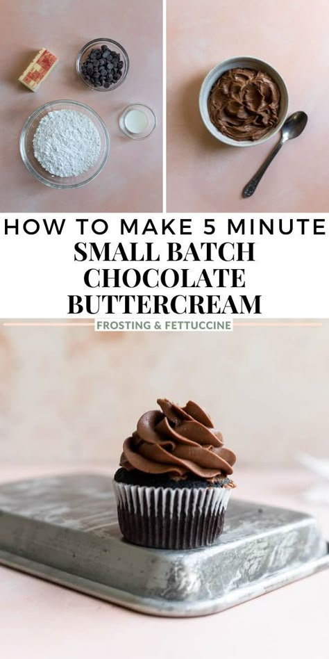 This small batch buttercream is made with melted chopped chocolate instead of cocoa powder for that extra rich flavor. It makes just enough frosting for 6 cupcakes. You will love how easily this fluffy chocolate buttercream comes together! Small Batch Buttercream Frosting Recipe, Chocolate Buttercream With Melted Chocolate, Small Batch Of Chocolate Frosting, Small Batch Chocolate Frosting Recipe, Small Batch Of Buttercream Frosting, Small Batch Chocolate Buttercream Frosting, Chocolate Frosting Small Batch, Chocolate Icing With Chocolate Chips, Small Batch Chocolate Buttercream