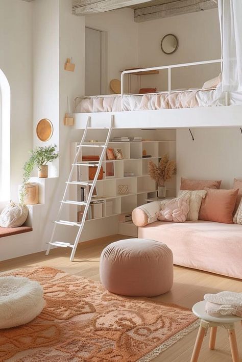 Girls Loft Bedroom, Cute Aesthetic Bedroom, Loft Bed Ideas For Small Rooms, Loft Bedroom Ideas, Girls Loft Bed, New York Bedroom, Loft Beds For Small Rooms, A Loft Bed, Beds For Small Rooms