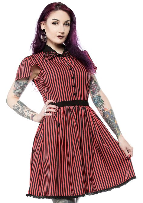 Lydia Striped Spiderweb Dress by Sourpuss - Red & Black Spiderweb Embroidery, Spiderweb Dress, Prim And Proper, Sourpuss Clothing, Red Black Dress, Glam Rock, Skirts With Pockets, Dress Red, Red And Black