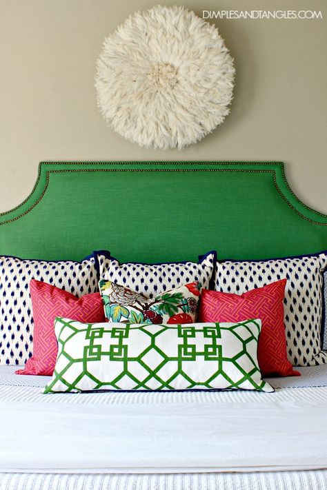 Kelly Green, Navy, and Pink Master Bedroom  || Green Upholstered Headboard and Patterned Pillows  ||  Dimples and Tangles Blush Bedroom, Dimples And Tangles, Pink Headboard, Patterned Pillows, Pink Bedroom For Girls, Navy Pillows, Pink Bedroom Decor, Princess Room, Pink Bedrooms