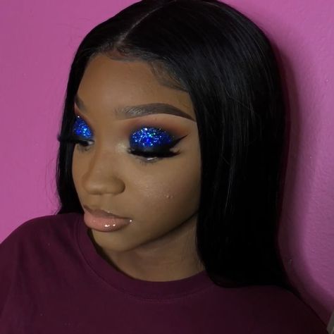 Royal Blue Eye Makeup Black Women, Royal Blue Makeup Looks, Royal Blue Eye Makeup Glitter, Blue Glitter Eye Makeup, Blue Makeup Looks Black Women Glitter, Glittery Blue Eyeshadow, Nude Colour Lipstick, Dark Blue Glitter Eyeshadow, Black Makeup Artist