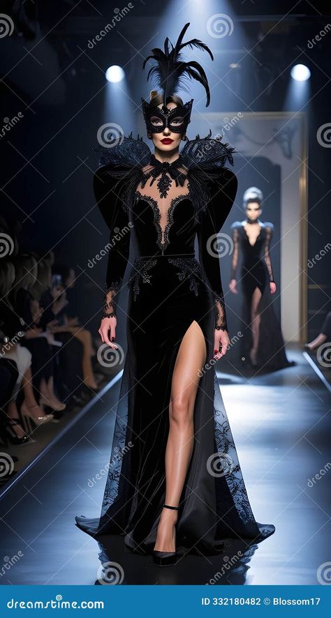 AI generated - A stunning model in a black velvet gown with lace details and a feathered mask, highlighted by spotlights on a dark runway Runway Illustration, Feathered Mask, Black Velvet Gown, Runway Gowns, Female Elf, Halloween Autumn, Velvet Gown, Halloween Fashion, Female Model