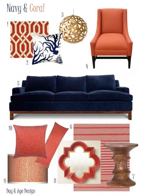 From sky blue to indigo, blue-gray to navy, blues are back in ... Orange And Blue Living Room, Navy Blue Velvet Sofa, Living Room Decor Orange, Living Room Navy, Navy Blue Sofa, Deco Marine, Blue Velvet Sofa, Coral Decor, Blue Couches