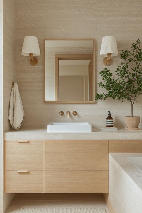 Transform your space with these modern bathroom ideas! Featuring clean lines, neutral tones, and lush greenery, this design epitomizes tranquility and sophistication. Perfect for a serene, contemporary look. #ModernBathroom #InteriorDesign #HomeDecor Cream Wood Bathroom, Warm Neutral Bathroom, Warm White Bathroom, Modern Guest Bathroom, Japandi Bathroom Design, Bathroom Japandi, Japandi Bathroom, Modern Bathroom Ideas, Neutral Bathroom