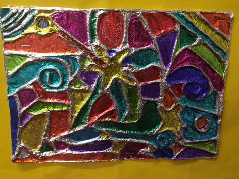 Ms Wards Classroom: Foil Embossing Art Lesson Foil Activity For Kids, Foil Embossing For Kids, Embossed Foil Art, Tin Foil Sculptures For Kids, Tinfoil Art Aluminium Foil, Tinfoil Craft, Foil Art Projects For Kids, Aluminium Foil Crafts, Foil Relief Art