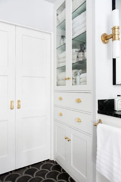 Bathroom Built-Ins Bathroom Built Ins, Bathroom Linen Closet, Cabinet Remodel, Bad Inspiration, Bathroom Closet, Linen Cabinet, Gorgeous Bathroom, Upstairs Bathrooms, Trendy Bathroom