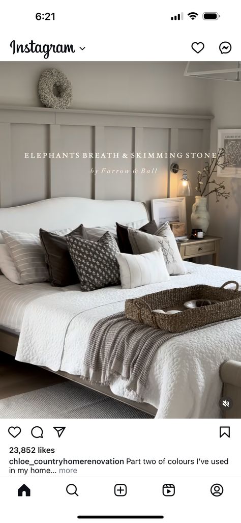 Wayne Scotting, Bedroom Wainscoting Ideas, Gray Wainscoting, Bedroom Wainscoting, Wainscoting Ideas, Wainscoting Bedroom, Elephants Breath, Skimming Stone, Master Bedding