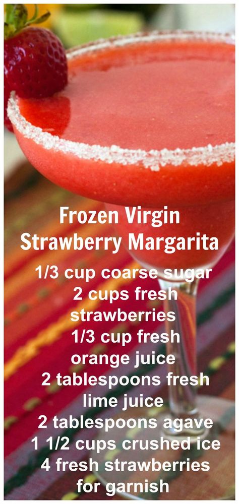 A non-alcoholic frozen sweet, tart drink made with fresh strawberries, served in a beautiful wide rim glass rimmed with coarse sugar. Virgin Margarita Strawberry, Strawberry Daquiri Recipe Frozen Virgin, Frozen Virgin Margarita, Strawberry Daquiri Recipe Nonalcoholic, Virgin Margarita Recipe Non Alcoholic, Virgin Daiquiri Recipe Frozen, Virgin Strawberry Daquiri Recipe, Virgin Drinks For Kids, Virgen Drinks