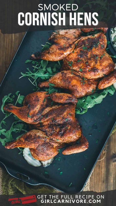 🍗🧨️ Fire up the smoker and let's get cookin'! These 💥~-flavortown-~💥 smoked cornish hens are finger-lickin' good! We'll show you how to spatchcock and smoke these little birds for the juiciest, most tender and delicious meat ever - infused with sweet smoky goodness in just 60-90 minutes. Perfect for a quick weeknight dinner or impressing at your next cookout. Your whole crew will be begging for seconds after one bite of these crave-worthy smoked cornish hens, trust us! 😍🤤 Grab the recipe n Spatchcock Cornish Hen, Smoked Cornish Hens, Grilled Cornish Hens, Cooking Cornish Hens, Game Hen Recipes, Cornish Game Hen Recipes, Cornish Hen Recipe, Smoked Recipes, Cornish Hen