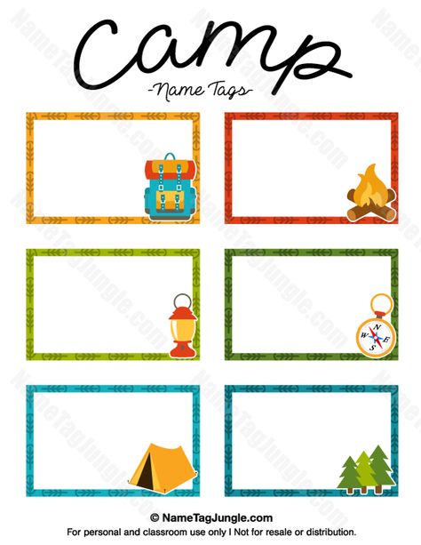 Free printable camp name tags. The template can also be used for creating items like labels and place cards. Download the PDF at http://nametagjungle.com/name-tag/camp/ Camping Name Tags Free Printable, Camping Name Tags, Camping Name Craft, Camping Free Printables, Camp Name Tags, Name Tags Ideas, Name Tags For Kids, Camp Classroom, Camping Preschool