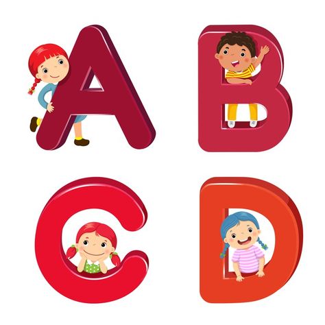 Cartoon kids with abcd letters Premium V... | Premium Vector #Freepik #vector #kids #girl #cartoon #typography Abcd Alphabet Fonts For Kids, Abcd Letters, Cartoon Typography, Hospital Interiors, Dental Branding, Scrapbook Fonts, Premium Vector Cartoon, Bee Classroom, Children Hospital