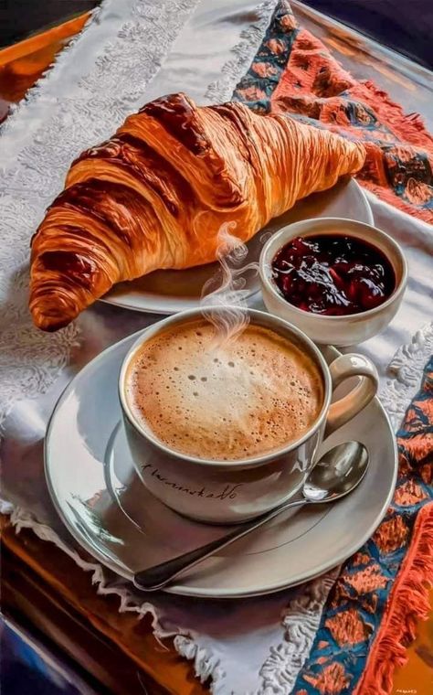 Breakfast In Cafe Aesthetic, Pastries And Coffee Aesthetic, Coffee And Croissants Photography, Coffee And Croissants Aesthetic, Croissants And Coffee Aesthetic, Coffee And Croissants, Affogato Coffee, Affogato Recipe, Good Morning Breakfast