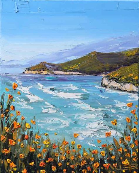 Pacific Highway, California Poppies, Palette Knife Art, California Landscape, Orange Poppy, Landscape Art Painting, Knife Art, California Art, Knife Painting