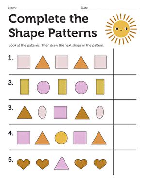 Complete the Shape Patterns | Worksheet | Education.com Preschool Pattern Activities, Patterns Worksheet, Pattern Worksheets For Kindergarten, Patterning Kindergarten, Worksheet For Preschool, Preschool Patterns, Shape Activities Preschool, Multiplication Activities, Geometry Activities