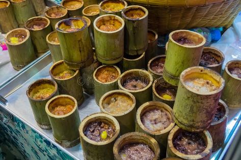 Thai Dessert Made Of Sticky Rice Put In A Bamboo `Khao Lam` Stock Photo - Image of delicious, bamboo: 105567810 Bamboo Food, Bamboo Rice, Thai Desserts, Bar Night, Thai Dessert, Bamboo Shoots, Bamboo Leaves, Sticky Rice, Art Theme