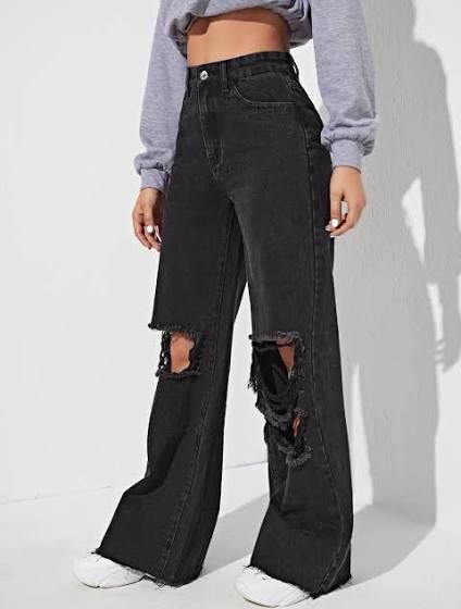 Shein Black Jeans, Baggy Ripped Black Jeans, Cheap Black Jeans, Ripped Jeans Aesthetic, Black Jeans With Holes, Black Ripped Jeans Outfit, Low Rise Ripped Jeans, Ripped Wide Leg Jeans, Wide Leg Black Jeans