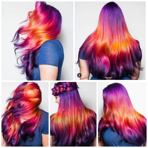 Reverse Sunset Hair, Hair Color Sunset, Sunrise Hair Color, Dye Ideas For Short Hair, Sunset Hair Color Short, Gradient Hair Color, Sunset Hair Color Ombre, Sunset Ombré Hair, Desert Sunset Hair