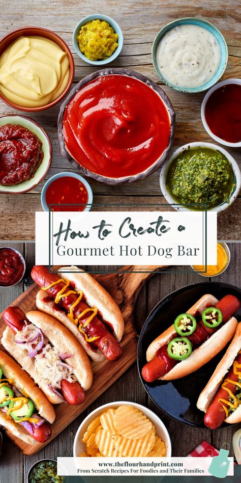 Are you tired of the standard ketchup and mustard on plain hot dogs? Learn how to create the ultimate gourmet hot dog bar with this huge guide! It includes ideas on creating delicious gourmet hot dog combos and tons of other suggestions for including variety through different styles of hot dogs, buns, toppings, and condiments. It’s a kid-friendly summer bbq buffet, great for birthday parties, and adults can have fun creating their favorite delicious combos too! Gourmet Hotdogs Bar, American Hotdogs Ideas, Hot Dog Combinations, Summer Party Food Platters, Gourmet Hot Dog Bar Party Ideas, Hotdog Bar Ideas Party, Hot Dog Bar Set Up, Fancy Hot Dog Bar, Chicago Style Hot Dog Bar