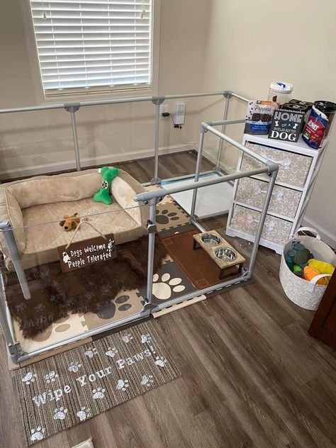 Dog Proof Bedroom, Dog Space In Apartment, Puppy Zone Ideas, Puppy Den Ideas, Pet Apartment Ideas, Dog Corner Ideas Small Spaces Bedroom, Dog Section In Bedroom, Dog Area Set Up, Puppy Cage Ideas