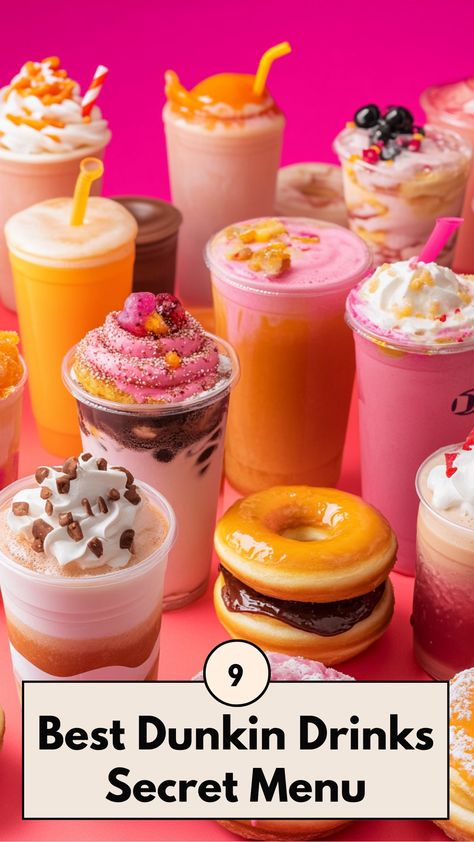 A vibrant display of Dunkin drinks from the secret menu, featuring flavor and beverage options. Dunking Donuts Drinks, Dunkin Donuts Secret Menu Drinks, Best Dunkin Drinks, Dunkin Drink Orders, Dunkin Donuts Drinks, Dunkin Orders, Dunkin Donuts Coffee Drinks, Dunkin Drinks, Copycat Drink Recipes