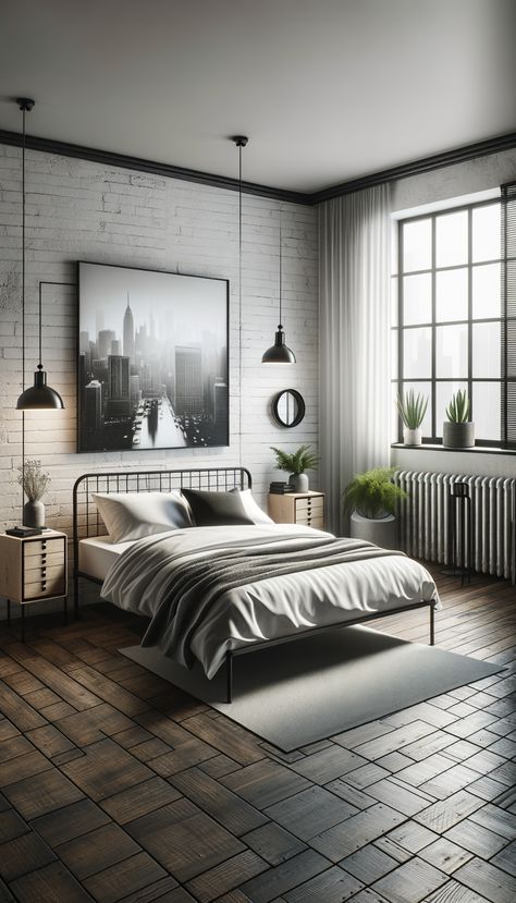 Minimalist industrial bedroom with whitewashed brick walls, metal bed frame, white linens, black throw pillows, wooden nightstands with lamps and succulents, city skyline photograph, black-framed mirror, dark hardwood floors, natural light from large windows. White Brick Wall Bedroom, Metal Bed Frame White, Industrial Boys Bedroom, Windows Inspiration, Wooden Nightstands, Whitewashed Brick, Dark Hardwood Floors, Mirror Dark, Fall Bedroom Ideas