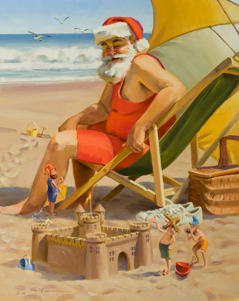 Tom Browning, Surf n’ Sand, oil, 20 x 16. Images Noêl Vintages, Aussie Christmas, Florida Christmas, Beachy Christmas, Beach Santa, Santa Pictures, Wooden Santa, Tropical Christmas, Vintage Christmas Images