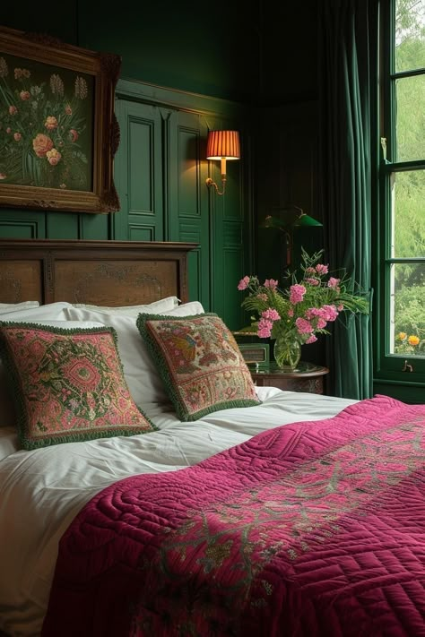 Berry Color Bedroom, Magenta Bedroom Decor, Dark Green And Pink Interior, Sage And Salmon Bedroom, Pink Bedroom Maximalist, Jewel Green Bedroom, Dark Pink Walls Bedroom, Red And Green Bedding, Emerald Green Color Scheme Bedroom