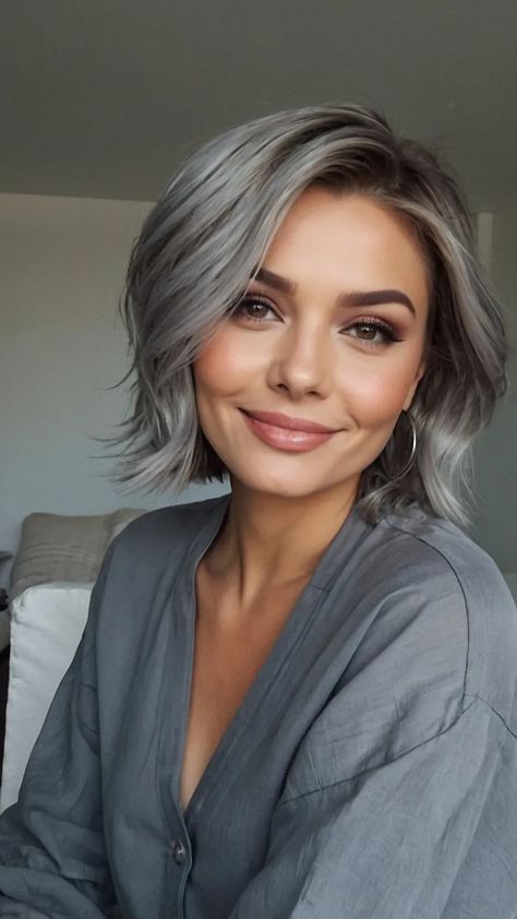 Your Guide to Fabulous Grey Bobs: 15 Styles for Every Occasion - TecArticles Gray Long Bob Hairstyles, Gray Layered Bob, Platinum Silver Hair Highlights, Silver Hair With Bangs, Silver Hair Bob, Grey Hair Bob, Gray Hair Makeup, Black Hair With Grey Highlights, Grey Bobs