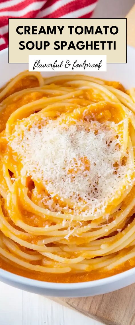 Image for Creamy Tomato Soup Spaghetti Spaghetti Soup Recipes, Leftover Spaghetti Ideas, Tomato Soup With Pasta, Leftover Spaghetti Noodles, Spaghetti Soup, Best Tomato Soup, Leftover Spaghetti, Cream Soup Recipes, Tomato Soup Easy